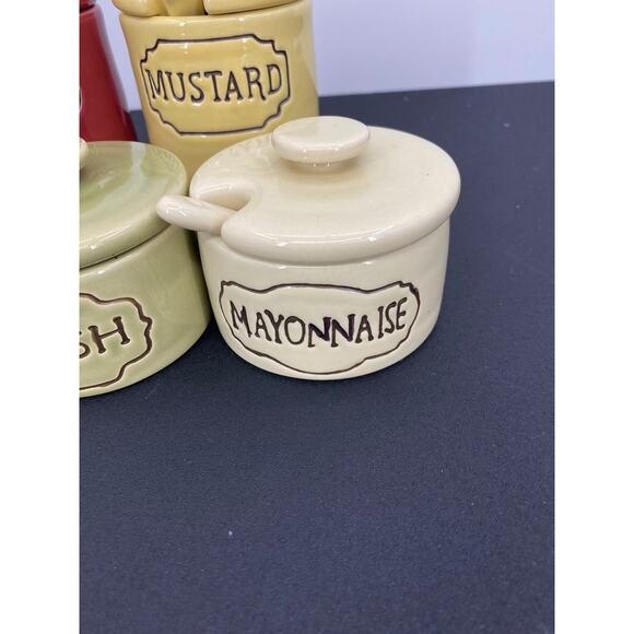 Pottery Barn Condiment Set Ceramic Vintage Style Ketchup Mustard Mayo Relish - Picture 4 of 7
